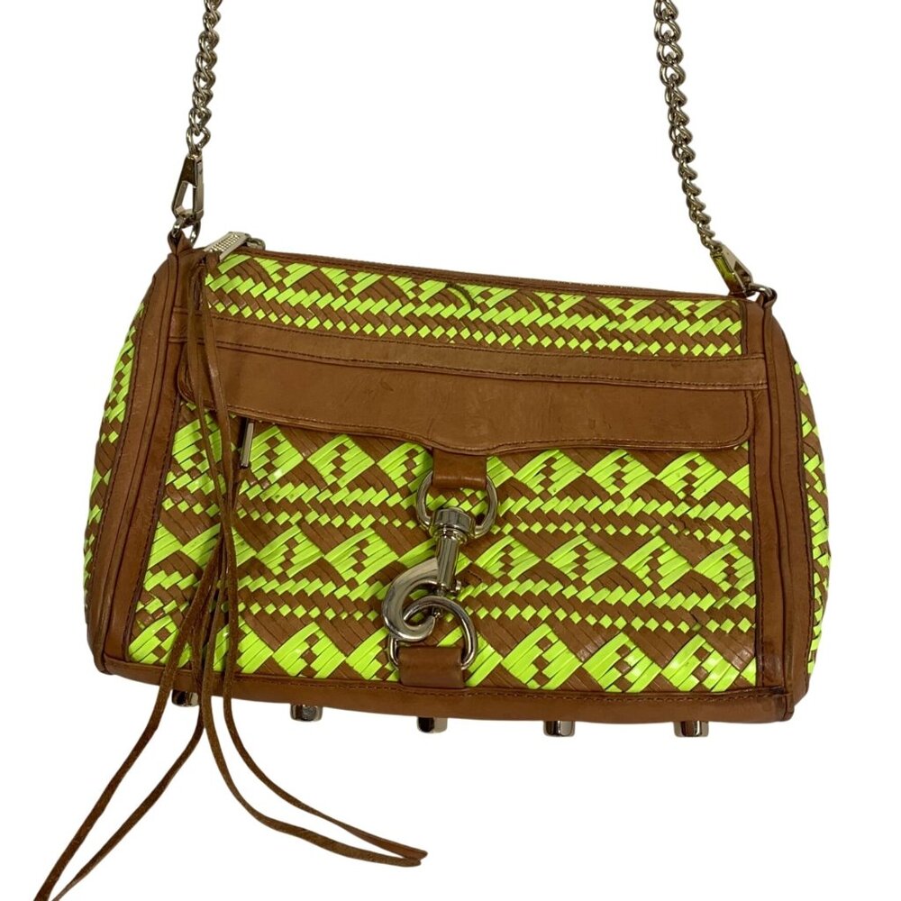 Rebecca Minkoff Woven Neon Yellow/Tan Leather Crossbody Bag Chain Strap Tassels